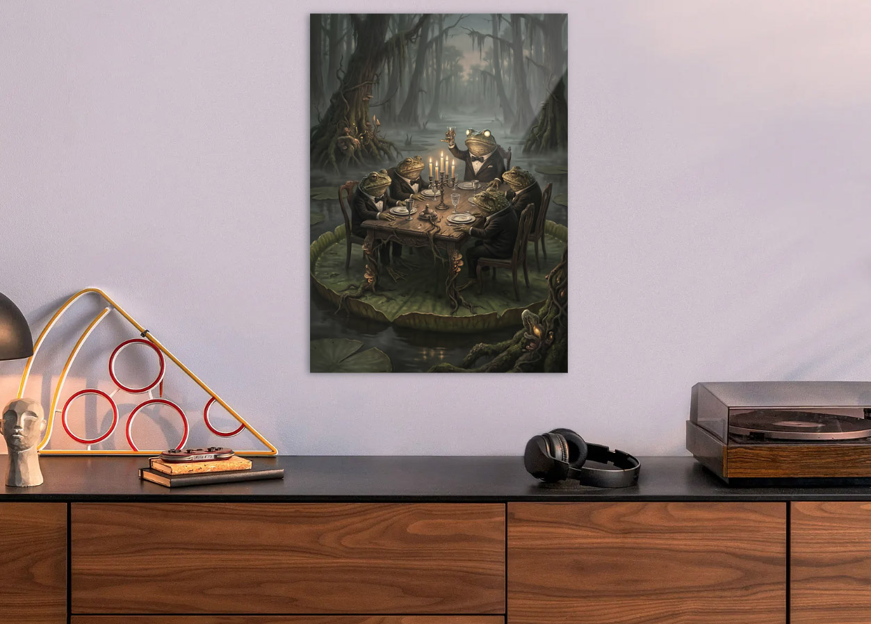 Frogs in Tuxedos at a Swamp Gala — metal poster wall art by Lineer